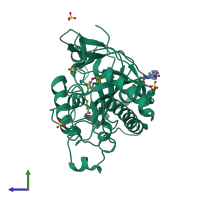 Monomeric assembly 1 of PDB entry 7poy coloured by chemically distinct molecules, side view.