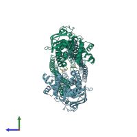 PDB entry 7pru coloured by chain, side view.