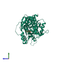 Monomeric assembly 1 of PDB entry 7pup coloured by chemically distinct molecules, side view.