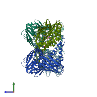 PDB entry 7puq coloured by chain, side view.