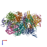 Hetero 15-meric assembly 1 of PDB entry 7qhs coloured by chemically distinct molecules, top view.