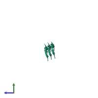 Homo hexameric assembly 1 of PDB entry 7qkh coloured by chemically distinct molecules, side view.