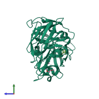 PDB entry 7qm3 coloured by chain, side view.