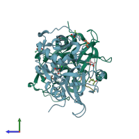 PDB entry 7qo2 coloured by chain, side view.