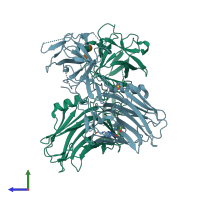 PDB entry 7qpu coloured by chain, side view.