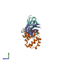 Hetero trimeric assembly 1 of PDB entry 7r1z coloured by chemically distinct molecules, side view.