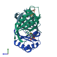 PDB entry 7r32 coloured by chain, side view.