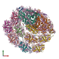 Hetero 18-meric assembly 1 of PDB entry 7r3k coloured by chemically distinct molecules, front view.