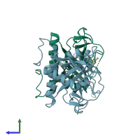 PDB entry 7r4a coloured by chain, side view.