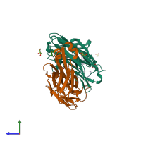 PDB entry 7raq coloured by chain, side view.