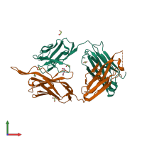 Hetero dimeric assembly 1 of PDB entry 7rdj coloured by chemically distinct molecules, front view.