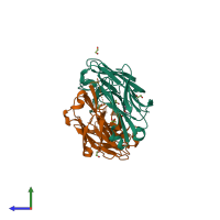 Hetero dimeric assembly 1 of PDB entry 7rdj coloured by chemically distinct molecules, side view.