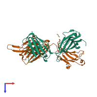 Hetero dimeric assembly 1 of PDB entry 7rdj coloured by chemically distinct molecules, top view.