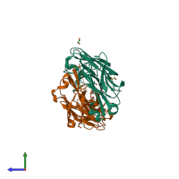 PDB entry 7rdj coloured by chain, side view.