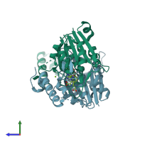 PDB entry 7rf0 coloured by chain, side view.