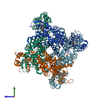 PDB entry 7rhg coloured by chain, side view.