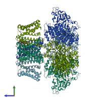 PDB entry 7rk6 coloured by chain, side view.