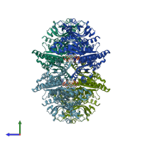 PDB entry 7rkh coloured by chain, side view.