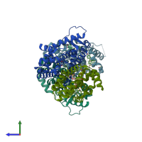 PDB entry 7rs9 coloured by chain, side view.