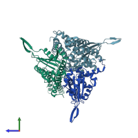 PDB entry 7rto coloured by chain, side view.