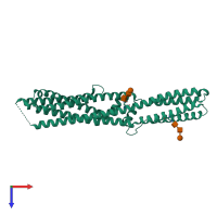 Monomeric assembly 1 of PDB entry 7rtv coloured by chemically distinct molecules, top view.