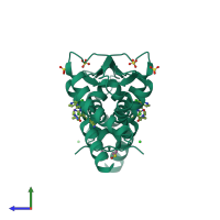 Homo dimeric assembly 1 of PDB entry 7rv4 coloured by chemically distinct molecules, side view.