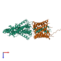 Hetero heptameric assembly 1 of PDB entry 7sax coloured by chemically distinct molecules, top view.