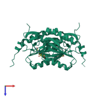 Homo dimeric assembly 1 of PDB entry 7sb7 coloured by chemically distinct molecules, top view.