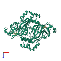 Homo dimeric assembly 1 of PDB entry 7sna coloured by chemically distinct molecules, top view.