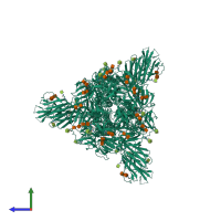 Homo trimeric assembly 1 of PDB entry 7sxw coloured by chemically distinct molecules, side view.