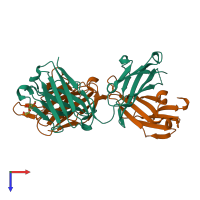 Hetero dimeric assembly 1 of PDB entry 7t0f coloured by chemically distinct molecules, top view.