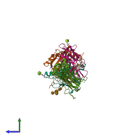 Hetero pentameric assembly 2 of PDB entry 7t2d coloured by chemically distinct molecules, side view.