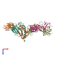 Hetero pentameric assembly 2 of PDB entry 7t2d coloured by chemically distinct molecules, top view.