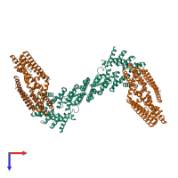 Hetero hexameric assembly 1 of PDB entry 7tac coloured by chemically distinct molecules, top view.