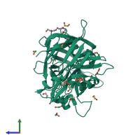 PDB entry 7tbc coloured by chain, side view.