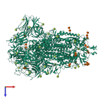 Homo trimeric assembly 1 of PDB entry 7tou coloured by chemically distinct molecules, top view.