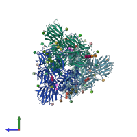 PDB entry 7tp8 coloured by chain, side view.