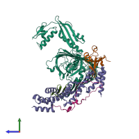 PDB entry 7tt0 coloured by chain, side view.