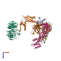 Hetero hexameric assembly 1 of PDB entry 7ttc coloured by chemically distinct molecules, top view.