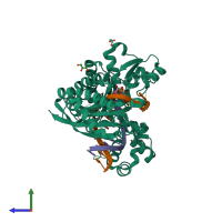 PDB entry 7u75 coloured by chain, side view.