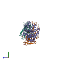 PDB entry 7ue9 coloured by chain, side view.