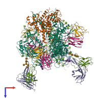 Hetero 18-meric assembly 1 of PDB entry 7ugp coloured by chemically distinct molecules, top view.