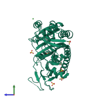 PDB entry 7uk8 coloured by chain, side view.