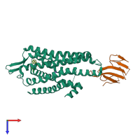 Hetero dimeric assembly 1 of PDB entry 7ul2 coloured by chemically distinct molecules, top view.