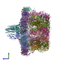 PDB entry 7umt coloured by chain, side view.