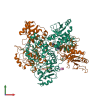 Hetero dimeric assembly 1 of PDB entry 7uqx coloured by chemically distinct molecules, front view.