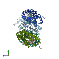 PDB entry 7ute coloured by chain, side view.