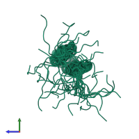 PDB entry 7uv2 coloured by chain, ensemble of 20 models, side view.