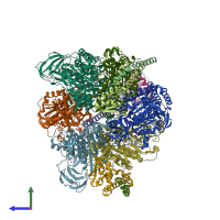 PDB entry 7vax coloured by chain, side view.