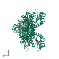 Homo dimeric assembly 1 of PDB entry 7vc2 coloured by chemically distinct molecules, side view.